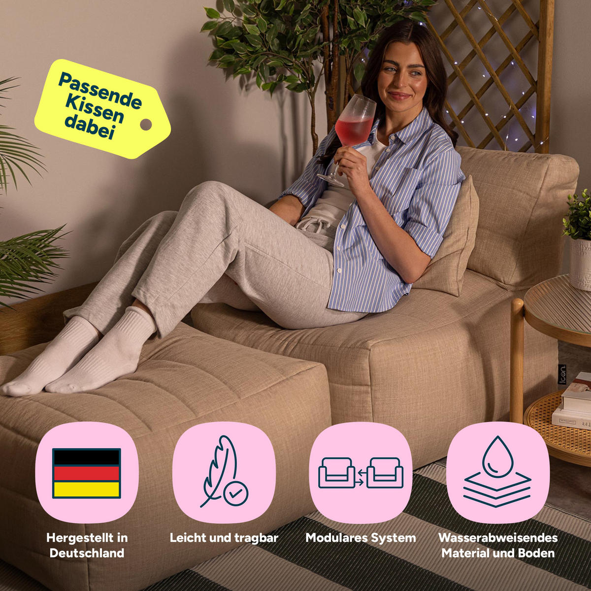 SITZSACK-SOFA 2-tlg. modular outdoor Noa - Beige, Textil (143/70/78cm) - icon