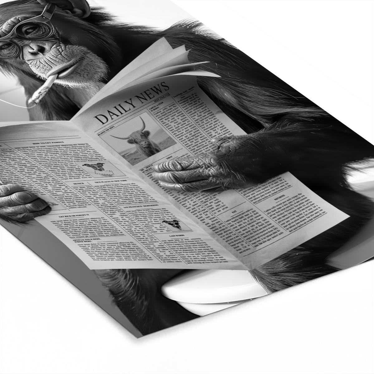 GERAHMTES BILD Affe - WC - Zeitung - Schwarz-Weiß - Humor 80x120 cm - Hellgrau, Papier (80/120cm) - MuchoWow