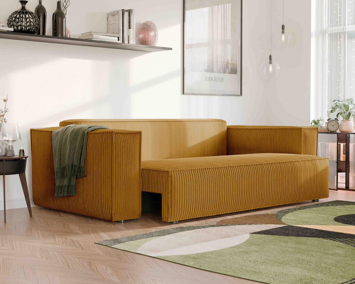 SOFA mit Schlaffunktion und Bettkasten, Senfgelb - Gelb, Holzwerkstoff/Textil (240/84/105cm) - Idohome