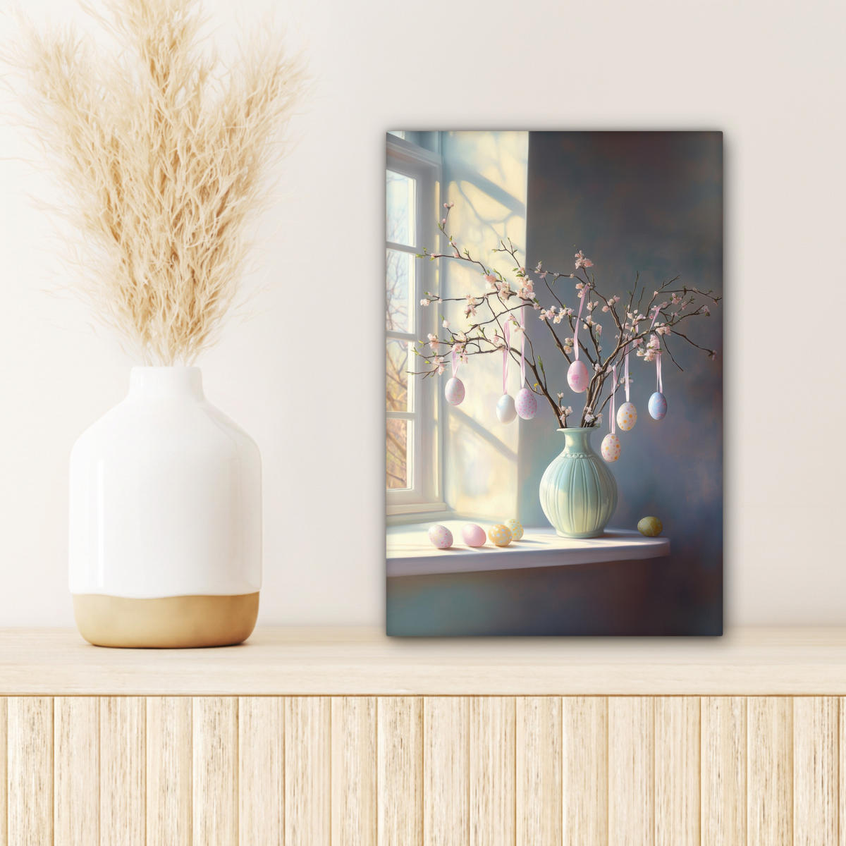 LEINWANDBILD Stillleben - Vase - Osterzweig Deko Wohnzimmer 20x30 cm - Hellblau, Textil (20/30cm) - MuchoWow