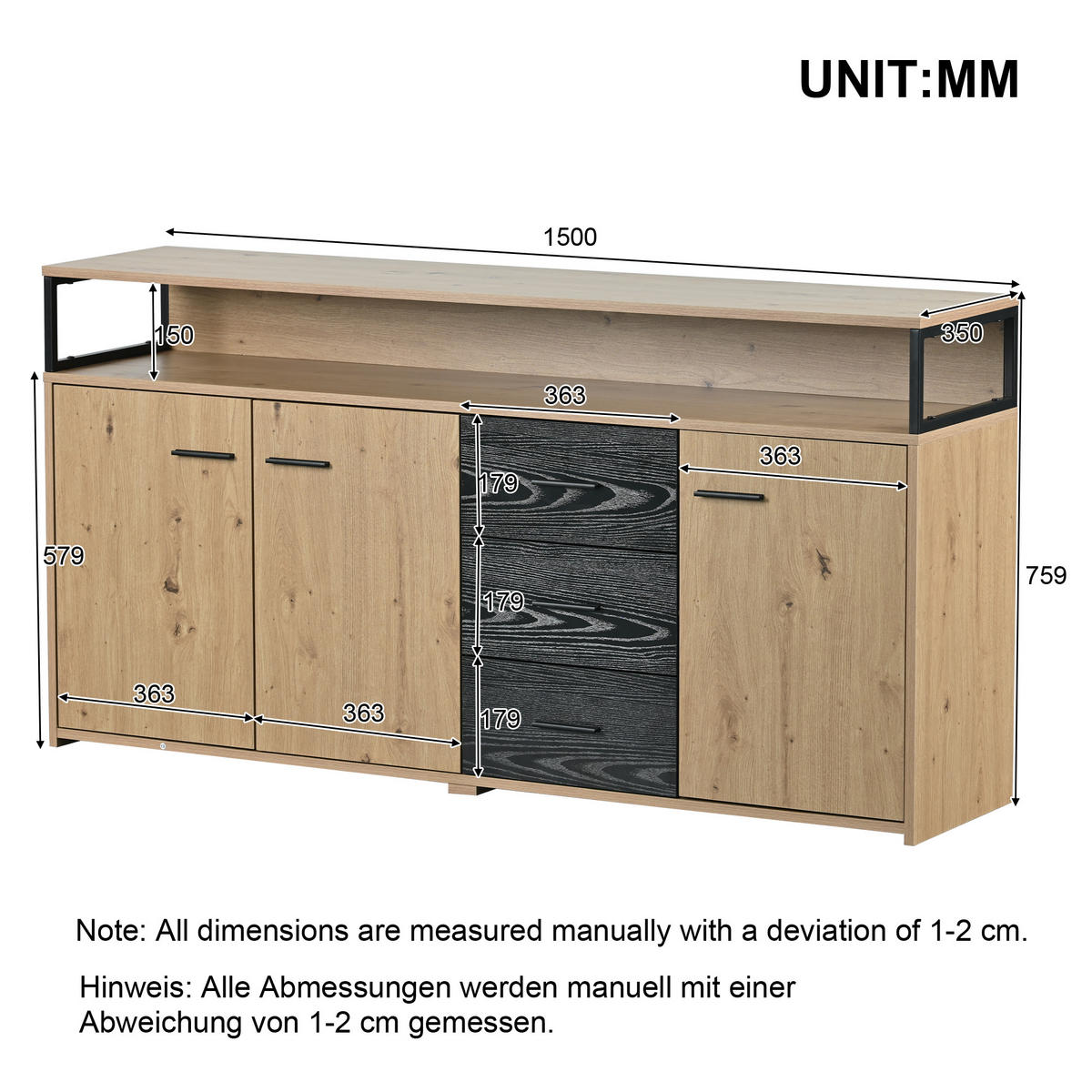 SIDEBOARD Holzeffekt 150/35/75,9 cm - Braun, Holzwerkstoff/Metall (35/75.9/150cm) - Urban Meuble