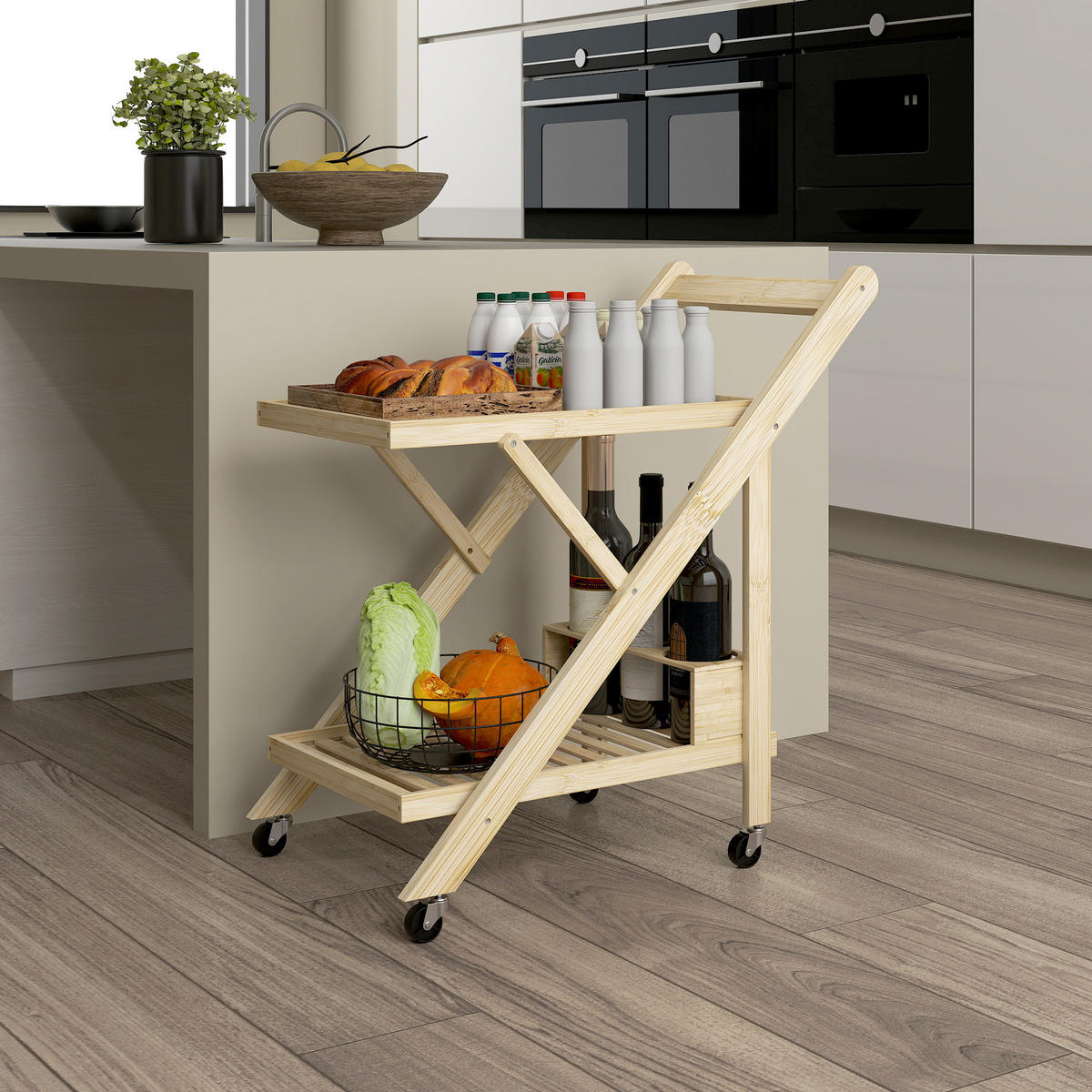 KÜCHENWAGEN mit Weinregal, 66 x 40 x 70 cm, Natur - Naturfarben, Naturmaterialien (66/70/40cm) - HOMCOM