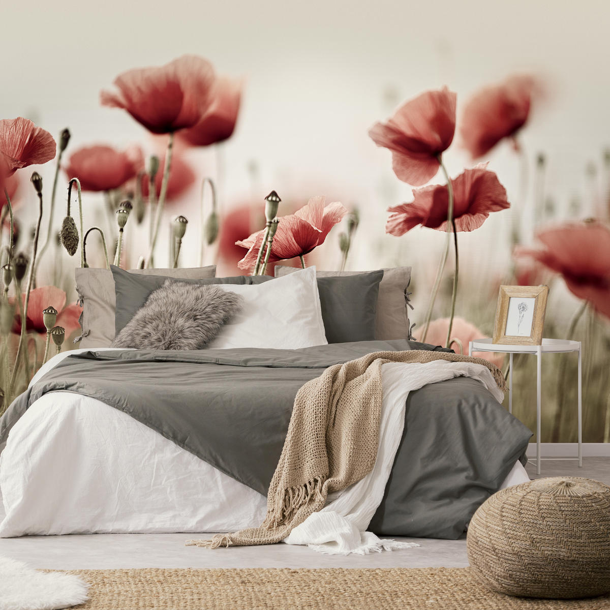 FOTOTAPETE für Wohnzimmer Zarte Mohn Blumen Wiese Rot 250x175 - Beige/Rot, Papier (250/175cm) - Muralo