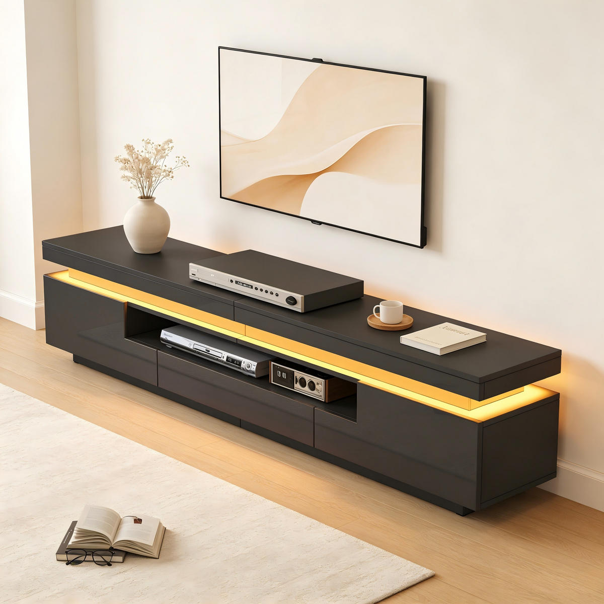 TV-ELEMENT 175/38/45 cm Hochglanz Schwarz mit LED-Beleuchtung und Stauraum - Schwarz, Holzwerkstoff (38/45/175cm) - Korfee