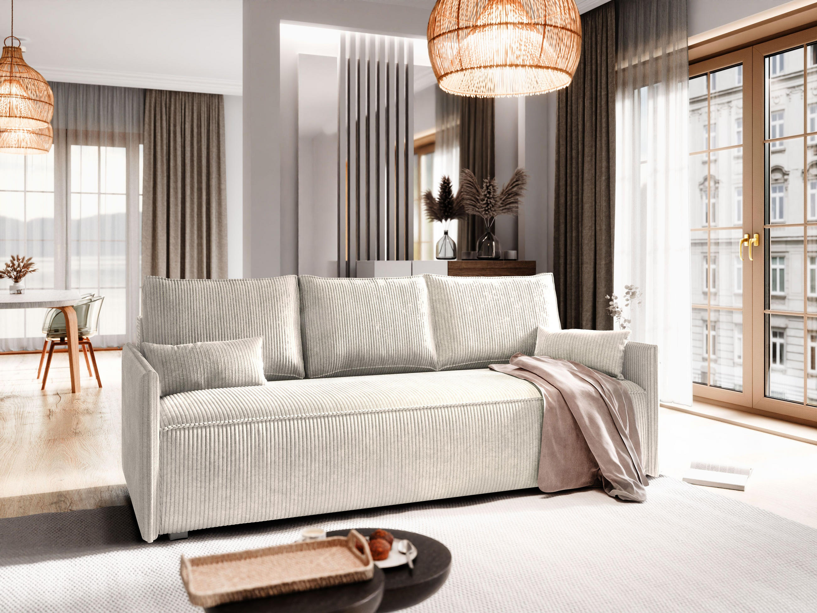 BETTSOFA MESTOR Creme Kordstoff mit Schlaffunktion - Creme, Textil (206/83/87cm) - MASSENO