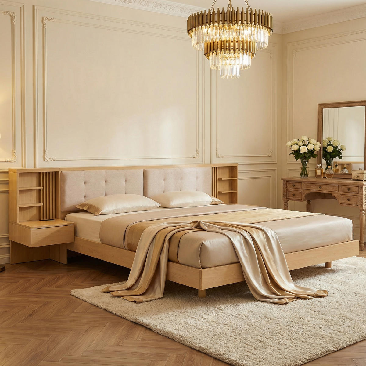 POLSTERBETT 180/200 cm mit Stauraum-Kopfteil, USB-Anschluss und Schubladen, Natur - Naturfarben, Holzwerkstoff (180/200cm) - Redom