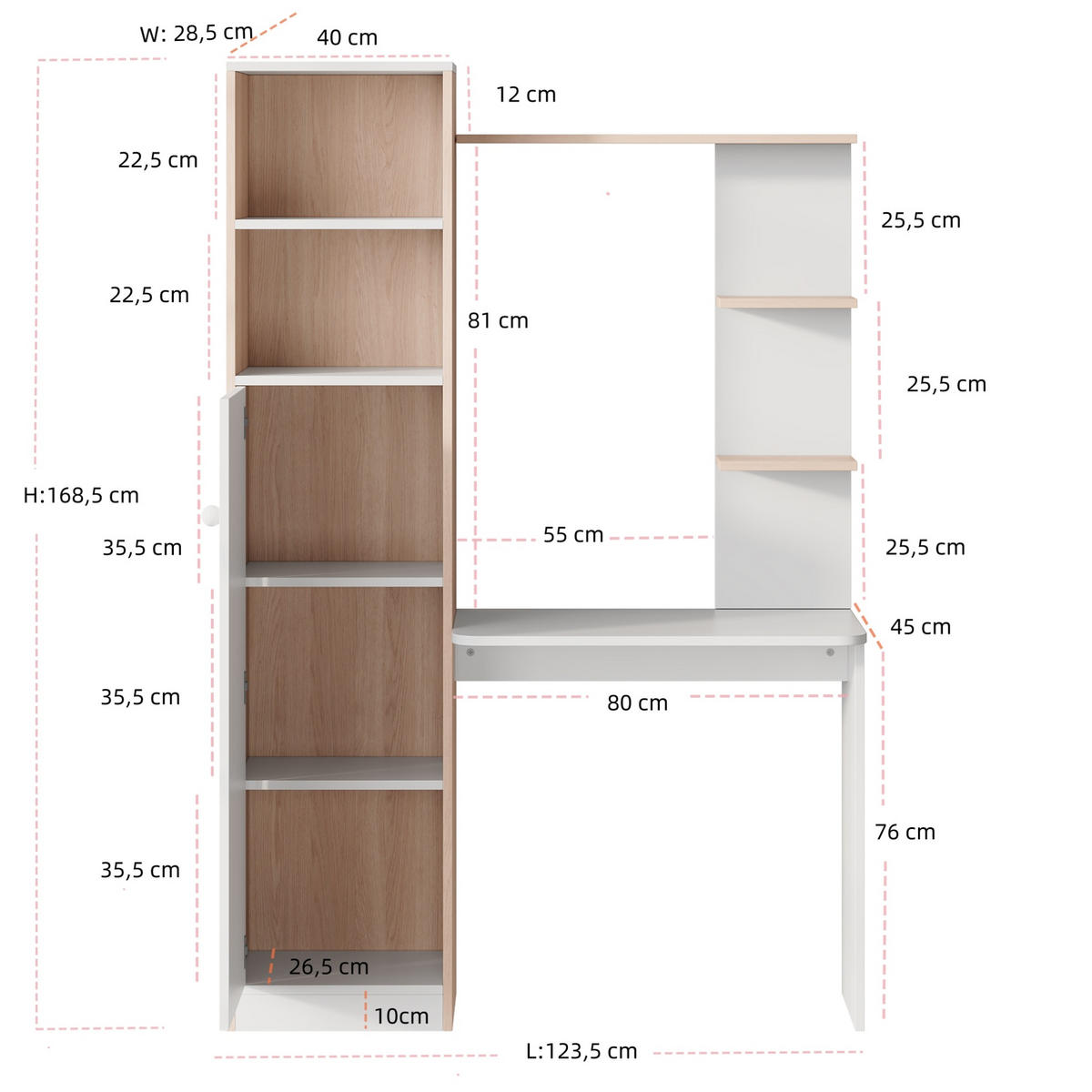 SCHREIBTISCH mit Aufbewahrung 123,5 x 45 x 168,5 cm Weiß/Natur - Weiß, Holz (123.5/45/168.5cm) - Meubliv