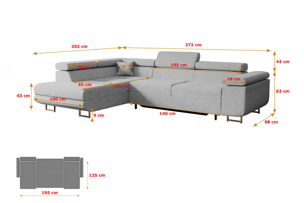 ECKSOFA mit Schlaffunktion und Bettkasten GUSA-L 272x202x107 cm Grau Bouclé - Silberfarben/Hellgrau, Holzwerkstoff/Textil (272/202cm) - ALTDECOR