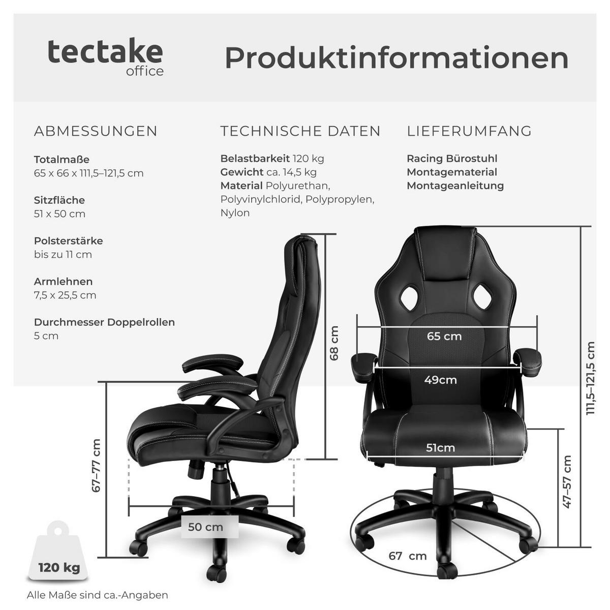 BÜROSTUHL Tyson,Belastbarkeit 120 kg,schwarz - Schwarz, Textil (65/121.5/66cm) - tectake