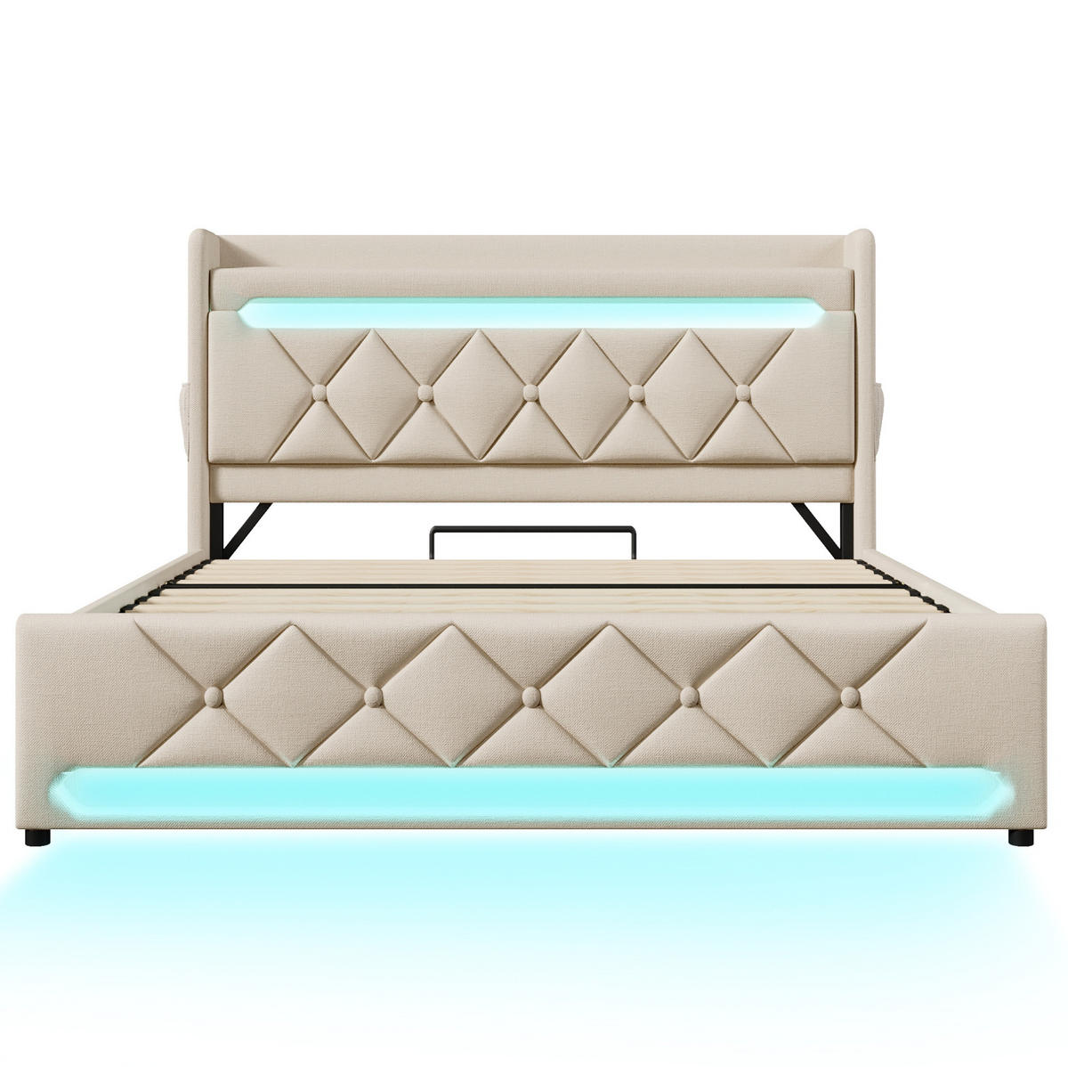 POLSTERBETT 140/190 cm Beige aus Leinen mit Stauraum, LED-Beleuchtung und USB - Beige, Textil (140/190cm) - Flora Grace