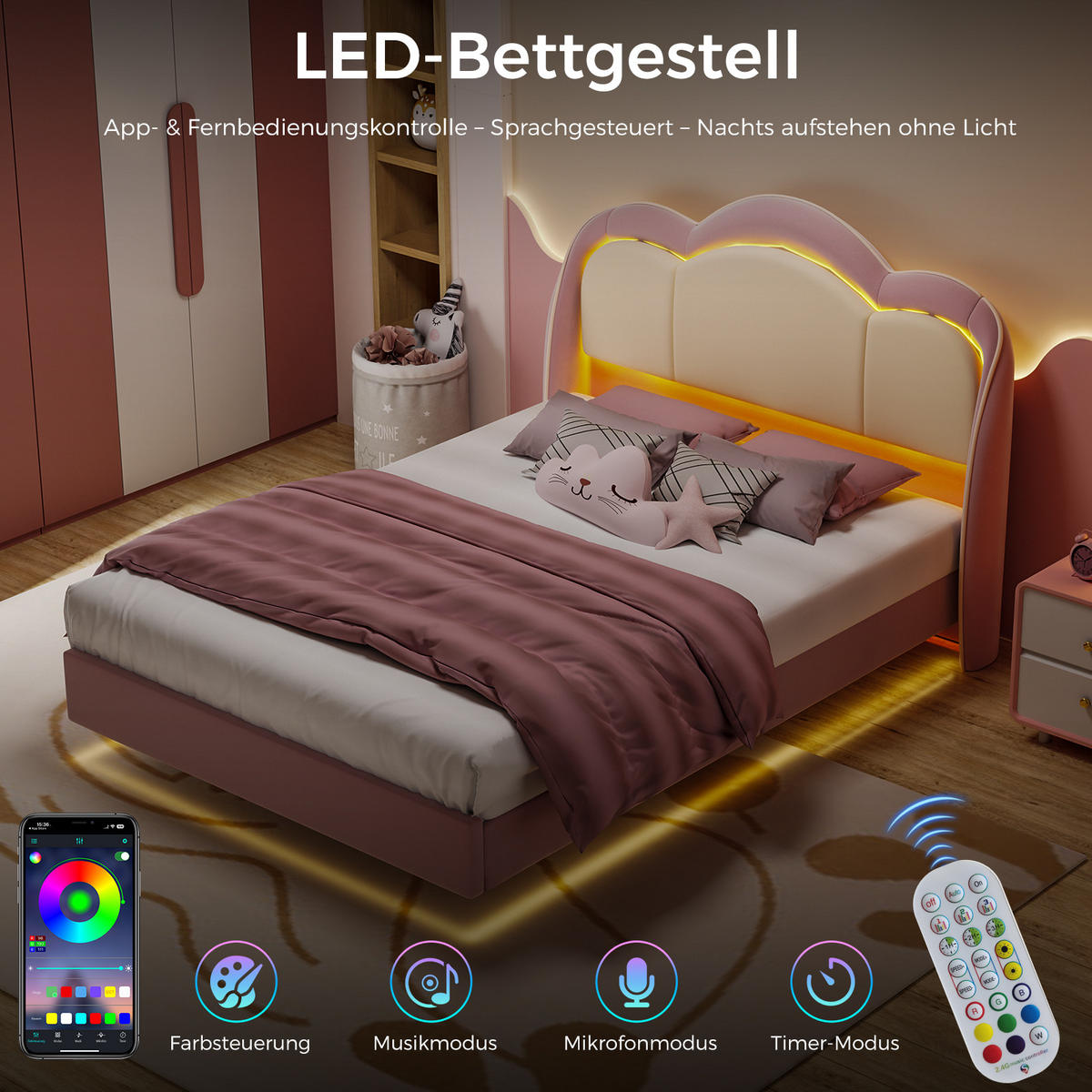 KINDERBETT 90×200 cm, LED-Musiklampe, schwebendes Design, Kopfteil in Wolkenform, bett rosa - Pink, Metall (90/215cm) - HOMAVO