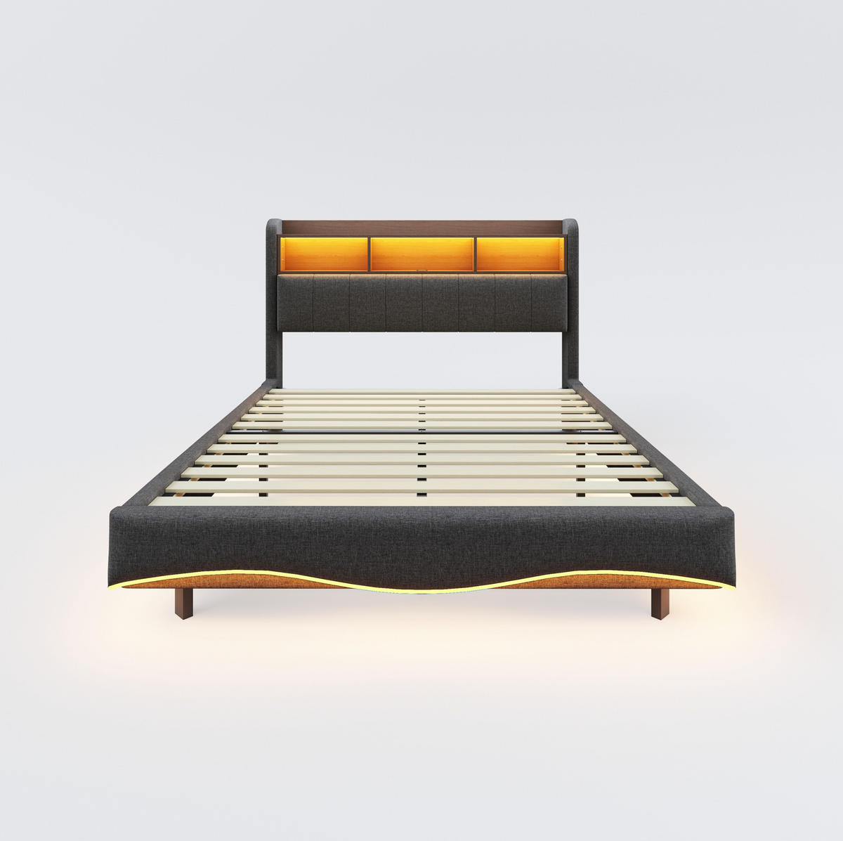 ČALÚNENÁ posteľ z látky a kovu 140x200 cm sivá s LED osvetlením, USB a USB-C portom, úložným priestorom - sivá, textil (140/200cm) - Modfu