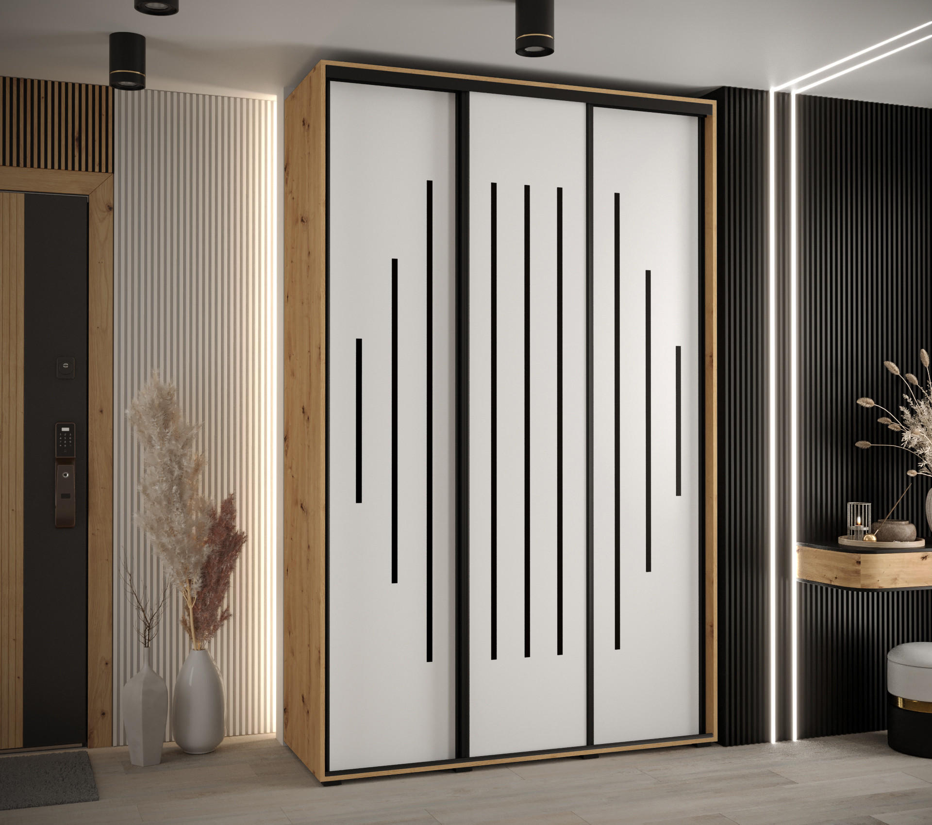 SCHWEBETÜRENSCHRANK 235,2/160/60 3-türig - Schwarz/Weiß, Holz/Metall (160/235/60cm) - Abiks Möbel