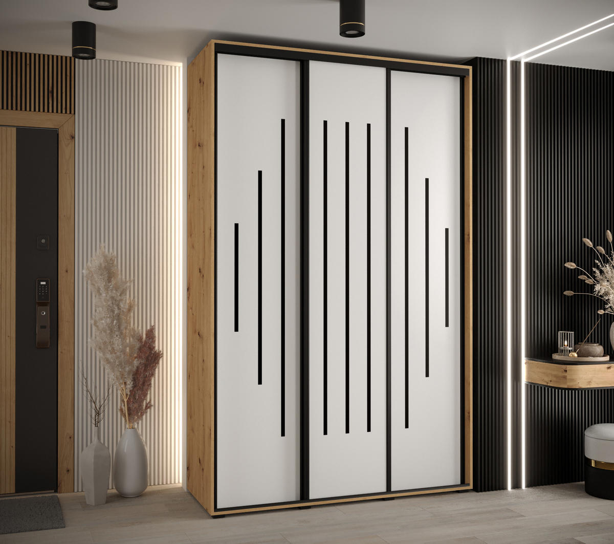 SCHWEBETÜRENSCHRANK 235,2/160/60 3-türig - Schwarz/Weiß, Holz/Metall (160/235/60cm) - Abiks Möbel