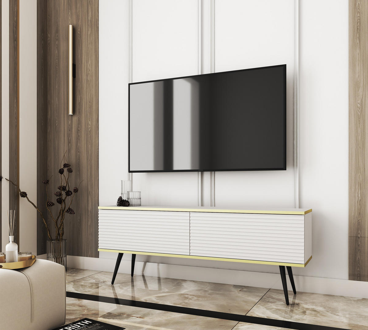 TV-BOARD FORNO (Weiß, Rillenfront, Goldene Details, 2 Klapptüren, schwarze Metallfüße, 135 cm) - Schwarz/Weiß, Holz/Holzwerkstoff (135/53/32cm) - Ravio