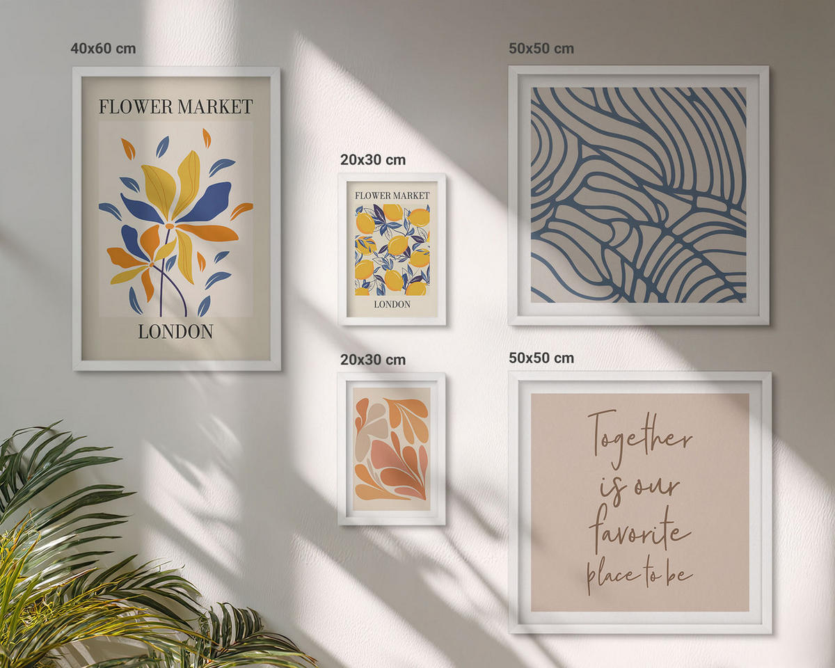 WANDBILDER 5er-Set - 50x50 cm & 20x30 cm & 40x60 cm Weißer Rahmen - Moderne abstrakte Blumen - Weiß, Kunststoff (40/60cm) - ArtPrintCave