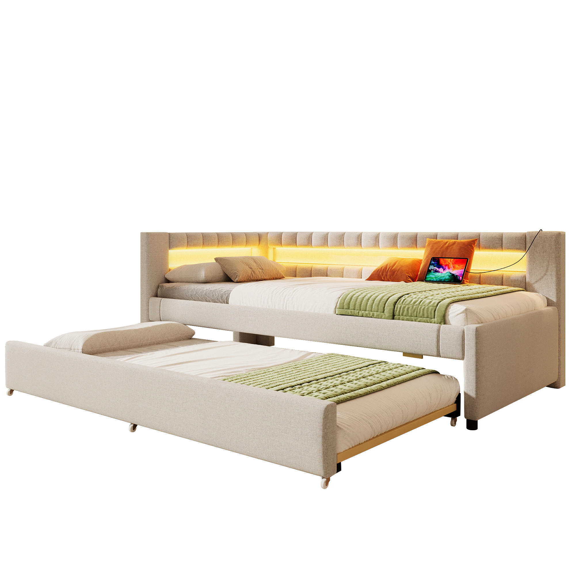 POLSTERBETT 90/200 cm aus Leinen mit LED-Beleuchtung und USB- und Type-C-Anschlüssen - Beige, Textil (90/200cm) - Flora Grace