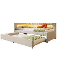 POLSTERBETT 90/200 cm aus Leinen mit LED-Beleuchtung und USB- und Type-C-Anschlüssen - Beige, Textil (90/200cm) - Flora Grace