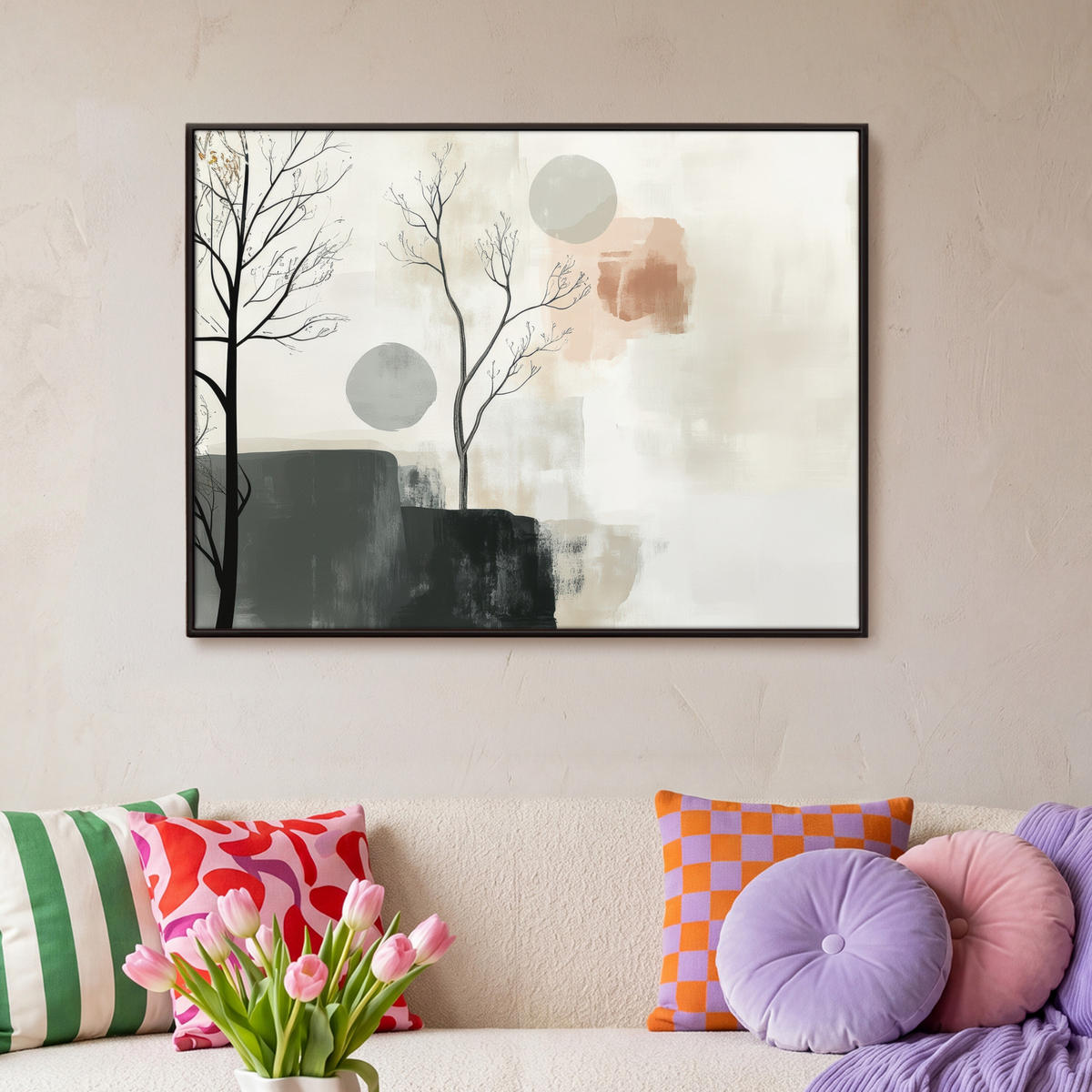LEINWAND Bilder mit Rahmen - Wabi sabi - Beige - Pflanze - 100x70 - Sandfarben, Textil (100/70cm) - MuchoWow