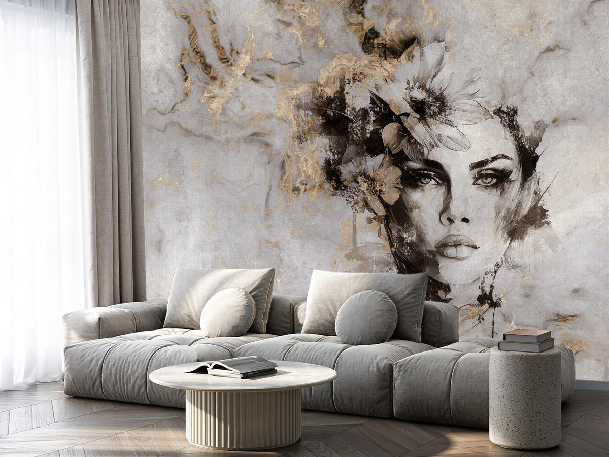 FOTOTAPETE für Wohnzimmer Frau Porträt Beton Blumen Modern 450x315 - Gelb/Beige, Papier (450/315cm) - Muralo