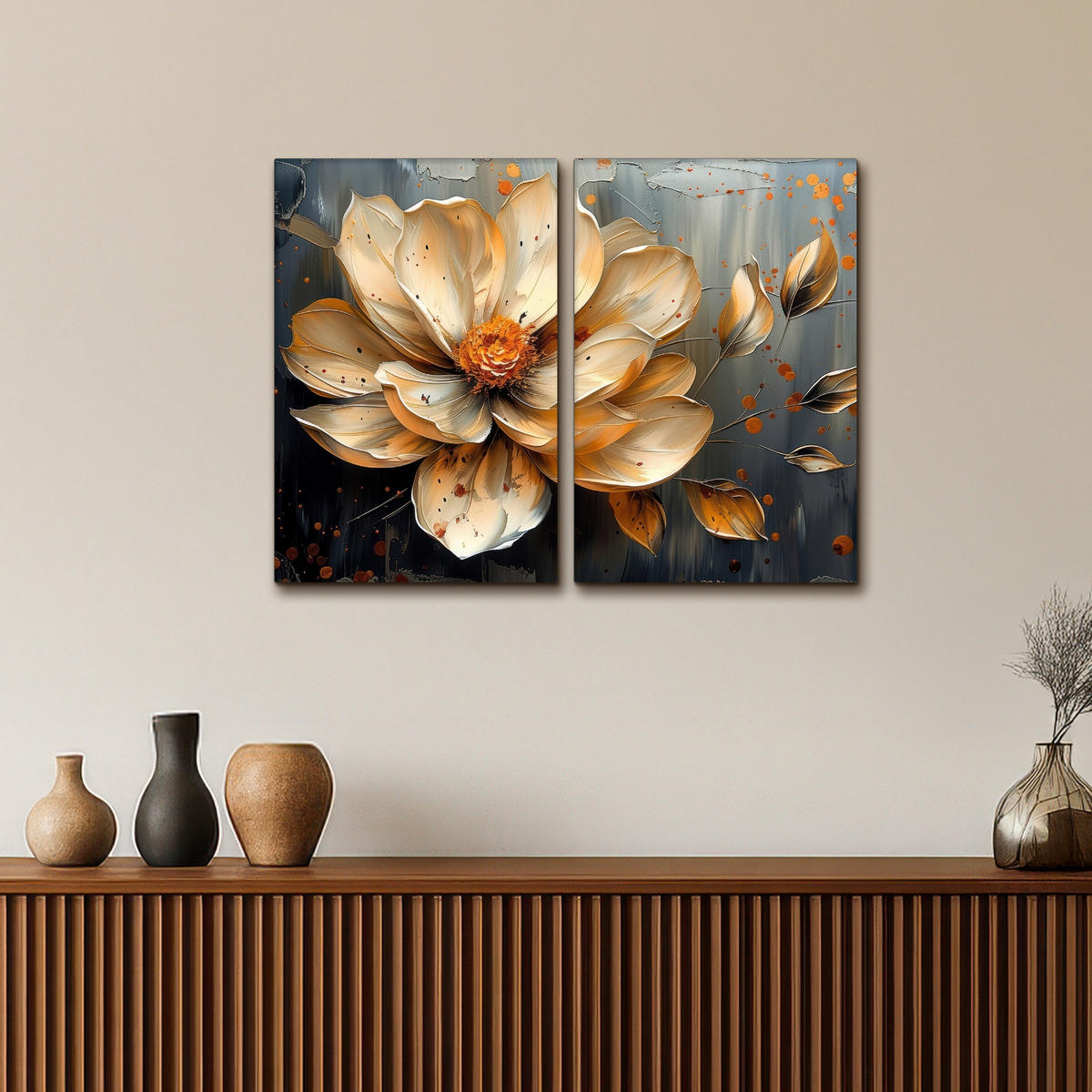 LEINWANDBILD 2er Set Blume - Gold - Abstrakt - Farbe 80x60 cm - Creme, Textil (80/60cm) - MuchoWow
