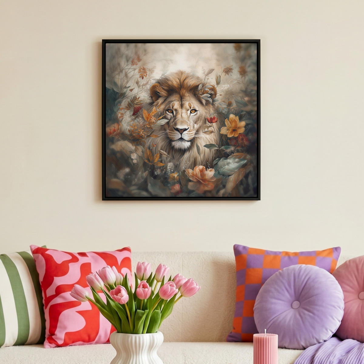 LEINWAND Bilder mit Rahmen - Löwe - Wildtiere - Pflanzen - Natur - Blumen - 50x50 - Beige, Textil (50/50cm) - MuchoWow