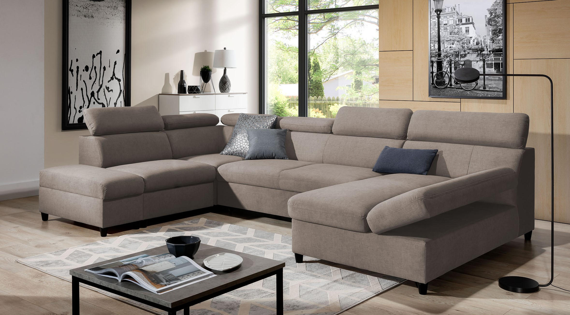 WOHNLANDSCHAFT Olettio Braun 342/205/96 cm – großes Sofa mit Schlaffunktion L - Schwarz/Braun, Holz/Textil (205/96/342cm) - AX Living