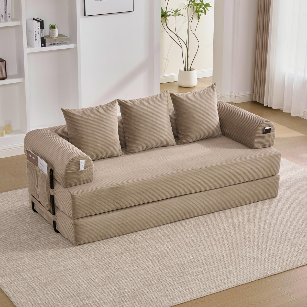 SCHLAFSOFA 200/94/67 cm khaki mit Seitentaschen plus und 3 Kissen - Sandfarben, Textil (200/67/94cm) - Oxeza