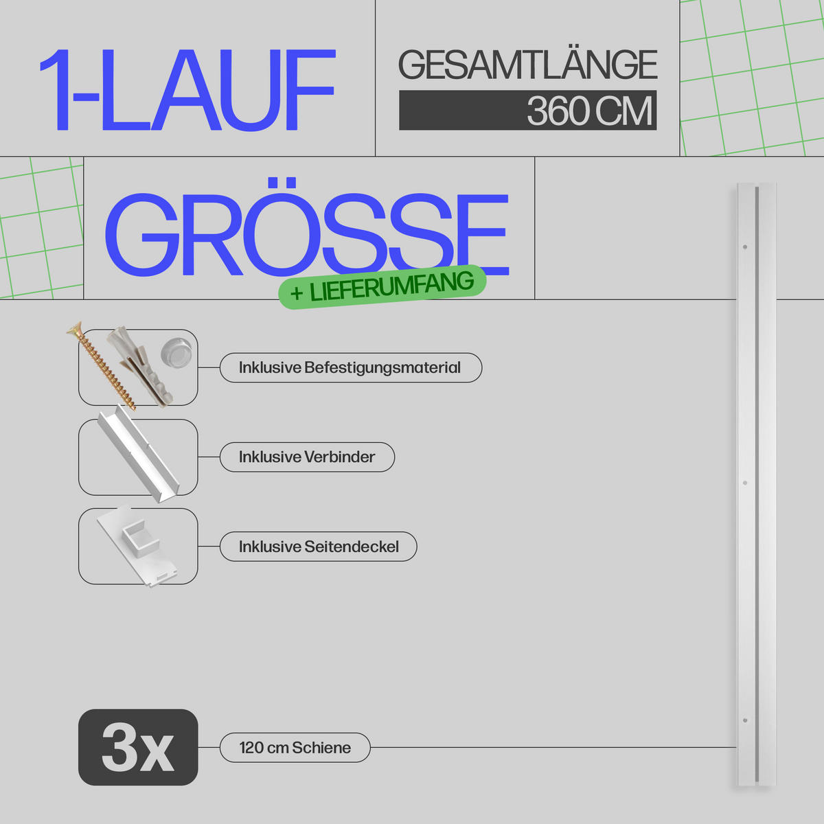 GARDINENSCHIENE - Komplettset inkl. Zubehör 360cm (3x120cm) 1-läufig - Weiß, Kunststoff (6/360cm) - Bestlivings