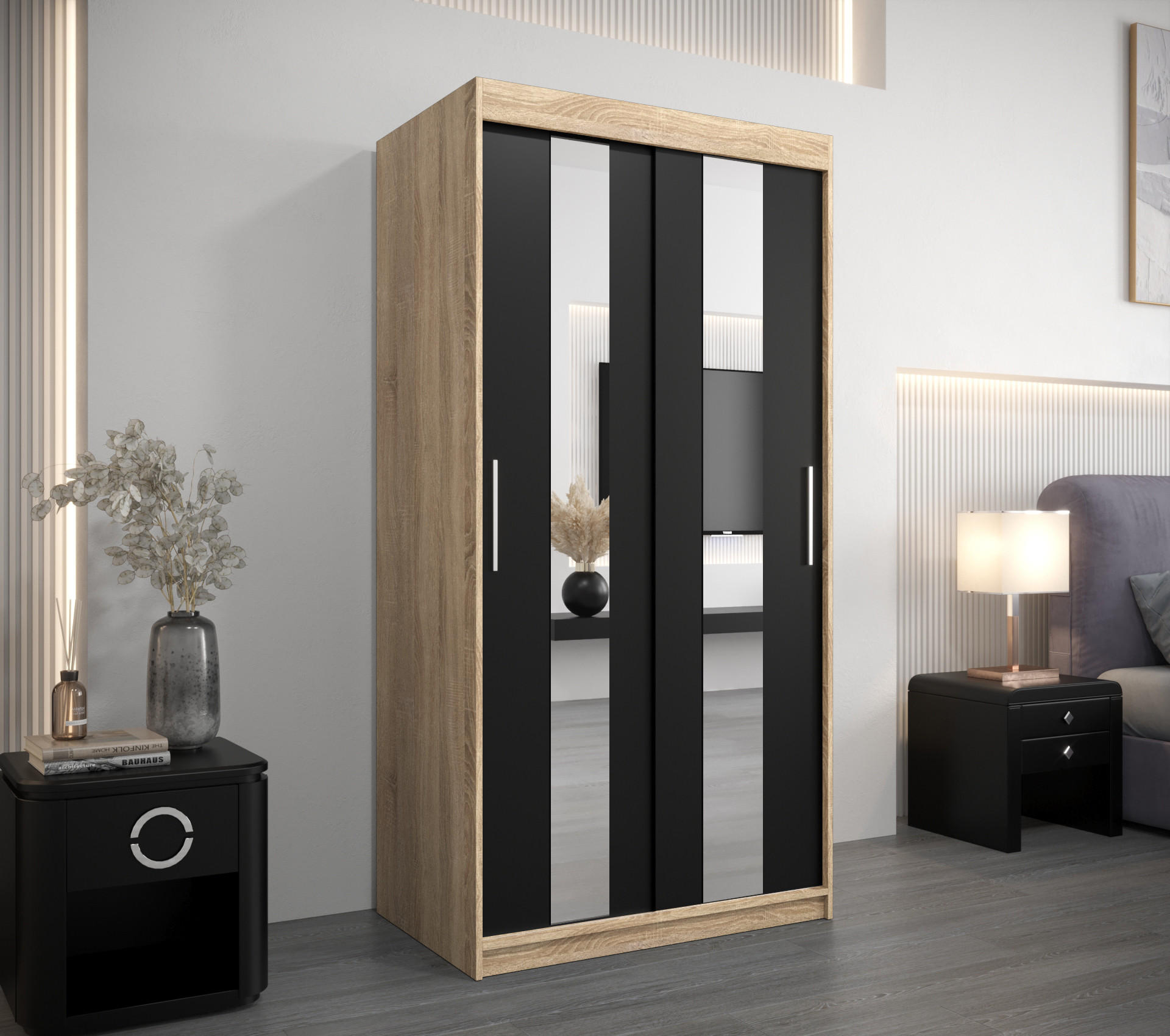 SCHWEBETÜRENSCHRANK 200/100/62 2-türig - Silberfarben/Schwarz, Holz/Kunststoff (100/200/62cm) - Abiks Möbel