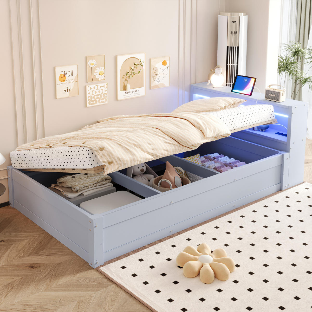 SCHLAFSOFA 90x200cm LED Stauraum Steckdose Massivholz Grau - Grau, Holzwerkstoff (90/200cm) - FLIEKS