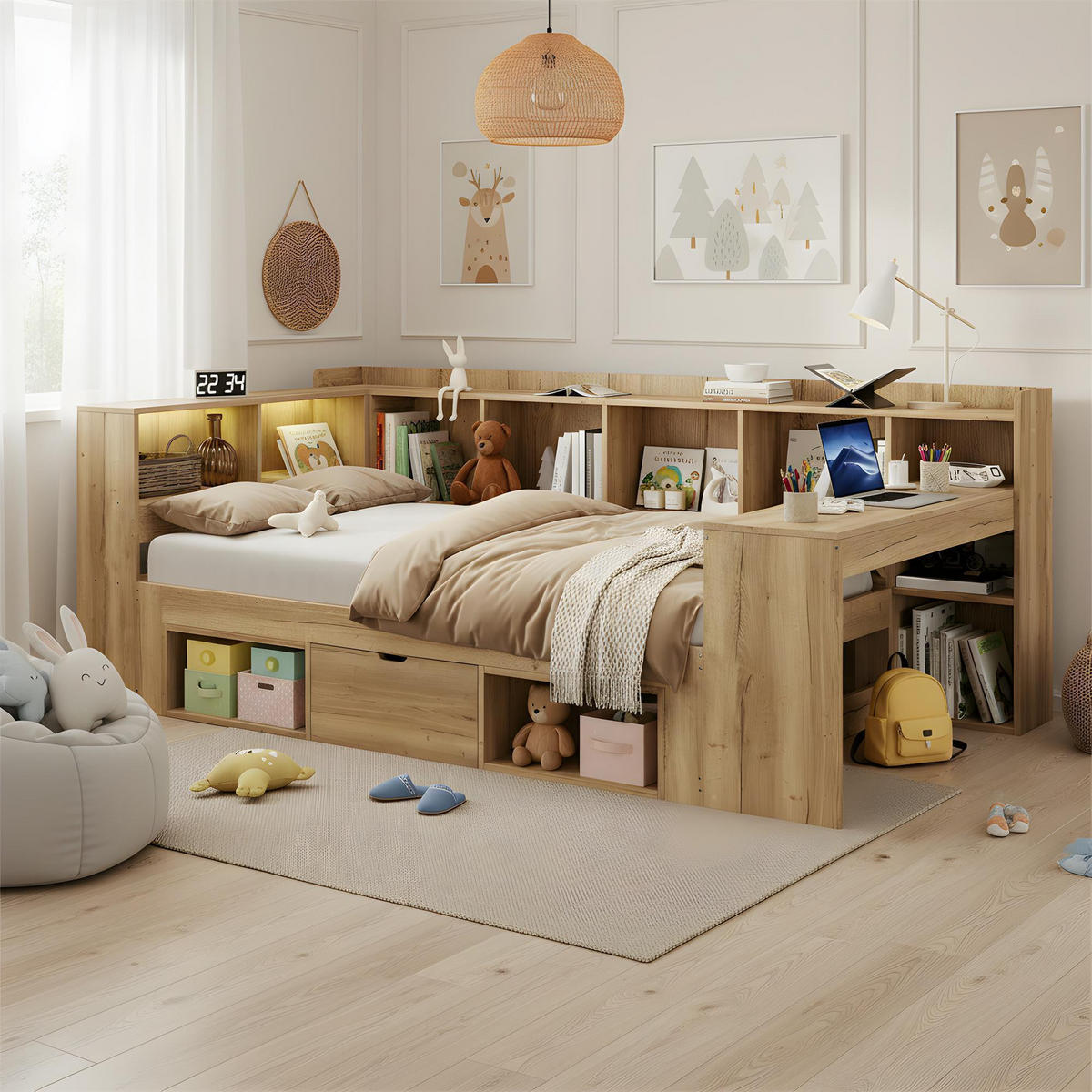 TAGESBETT 90x200 cm mit Regale&Schubladen in Naturfarbe - Naturfarben, Holz (90/200cm) - KOMHTOM