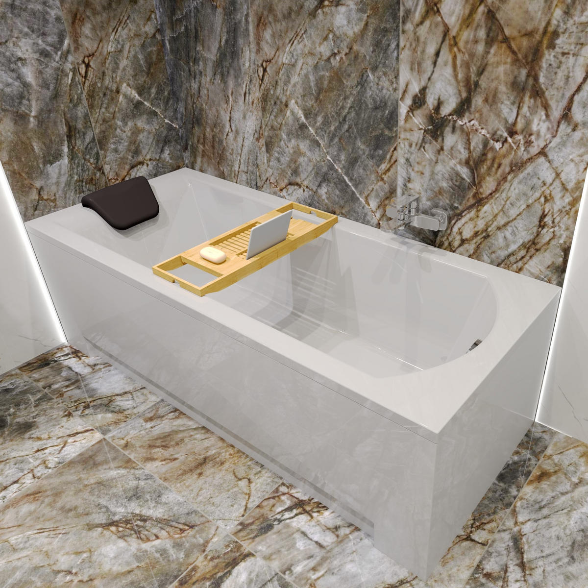 BADEWANNE Rechteck SHEA 140/70 + Styro + Ablage + Kopfstütze Ablauf Füße - Weiß, Kunststoff (70/53.5/140cm) - bad land