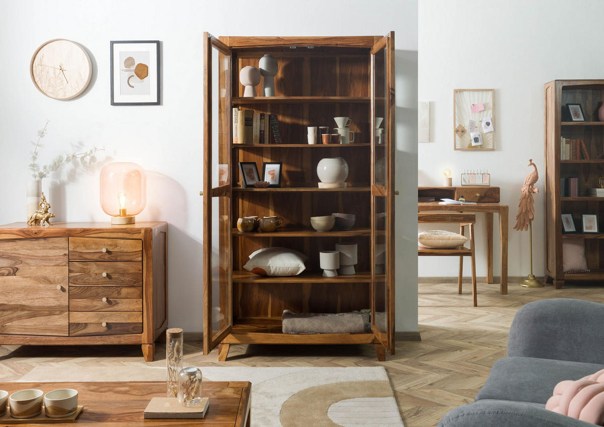 VITRINE Sheesham 100x45x195 braun lackiert ANCONA #116 - Braun, Holz (100/195/45cm) - Massivmoebel24