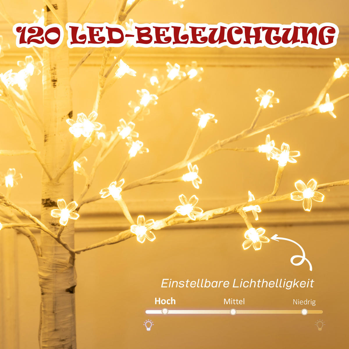 LED Baum, 150 cm Lichterbaum, Kirschbaum mit 120 LEDs, 3 Helligkeitsstufen - Weiß, Kunststoff (150cm) - HOMCOM