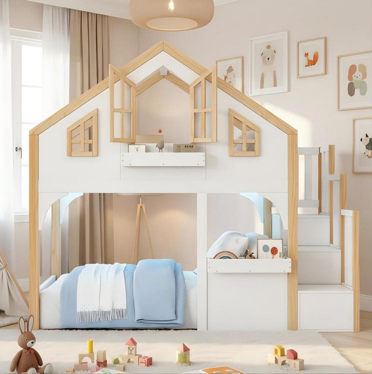 ETAGENBETT aus Kiefernholz 90x200 cm Weiß mit Stauraumtreppe und LED-Beleuchtung - Weiß, Holzwerkstoff (90/200cm) - IVMEU