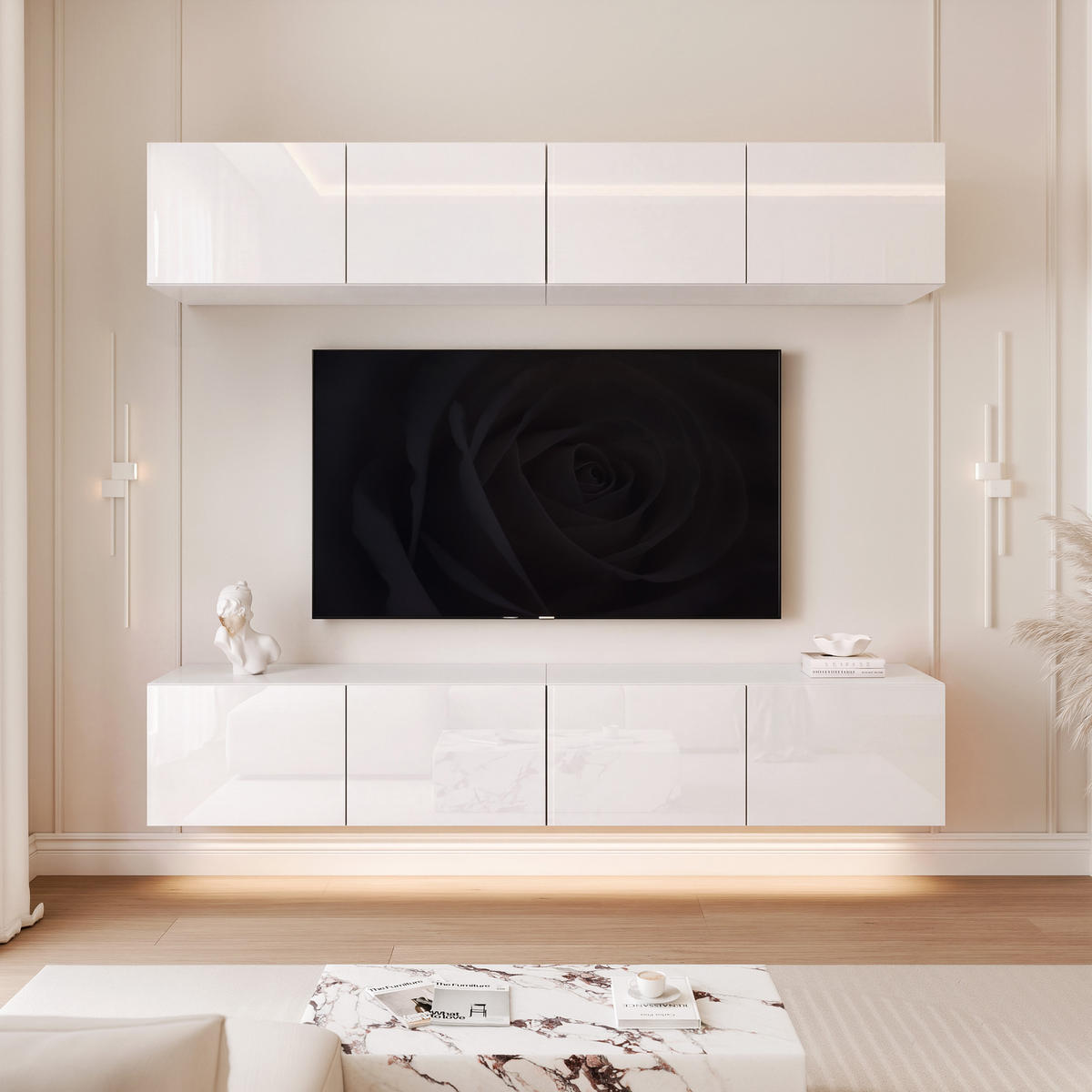 WOHNWAND ANGEL I Weiß glänzend hängend mit LED-Beleuchtung 200 cm - Weiß Hochglanz, Holzwerkstoff (200/36/40cm) - Idohome