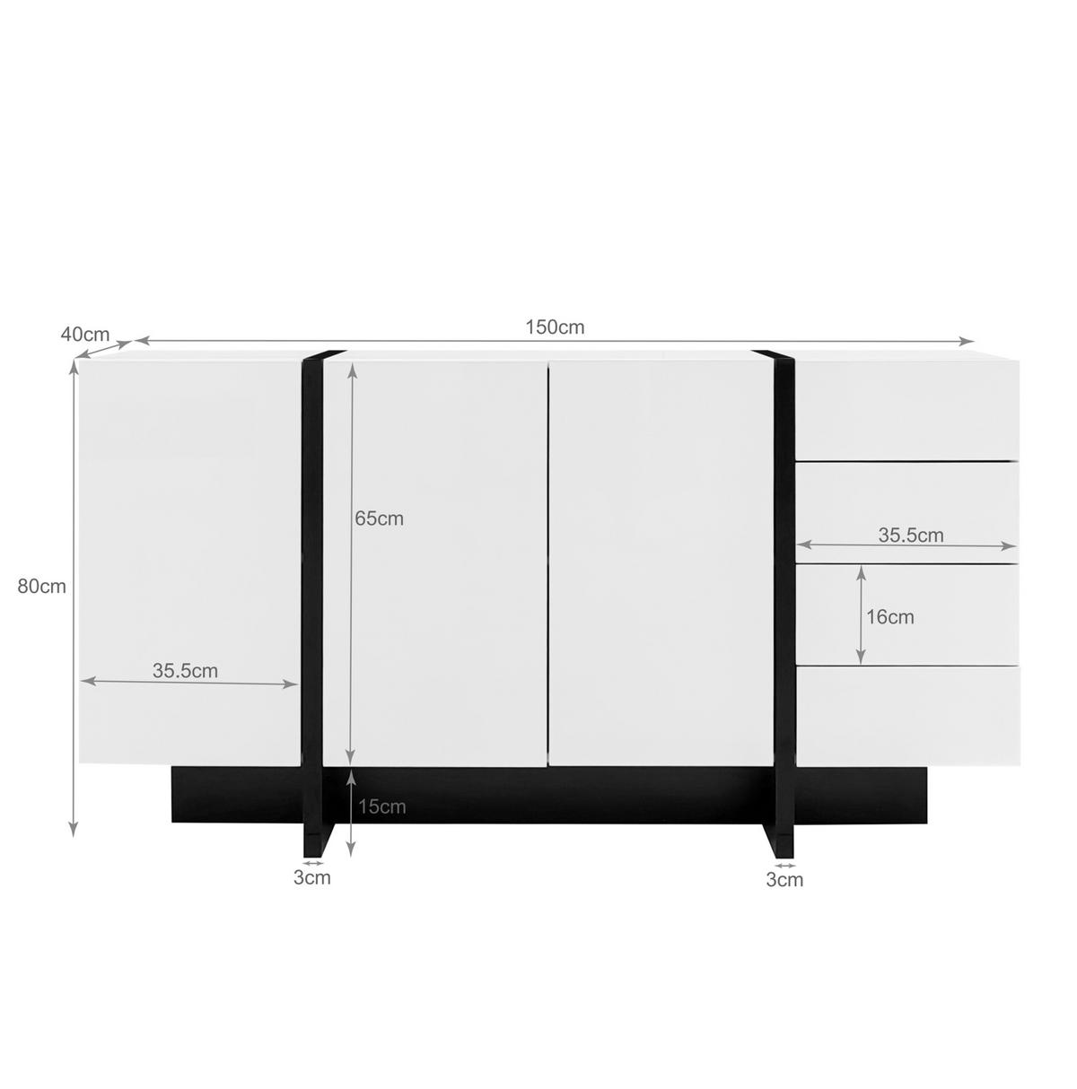SIDEBOARD aus MDF und Spanplatte 150x40x80,5 cm Weiß/Schwarz mit 2 Türen und 4 Schubladen - Weiß, Holzwerkstoff (150/80/40cm) - IVMEU