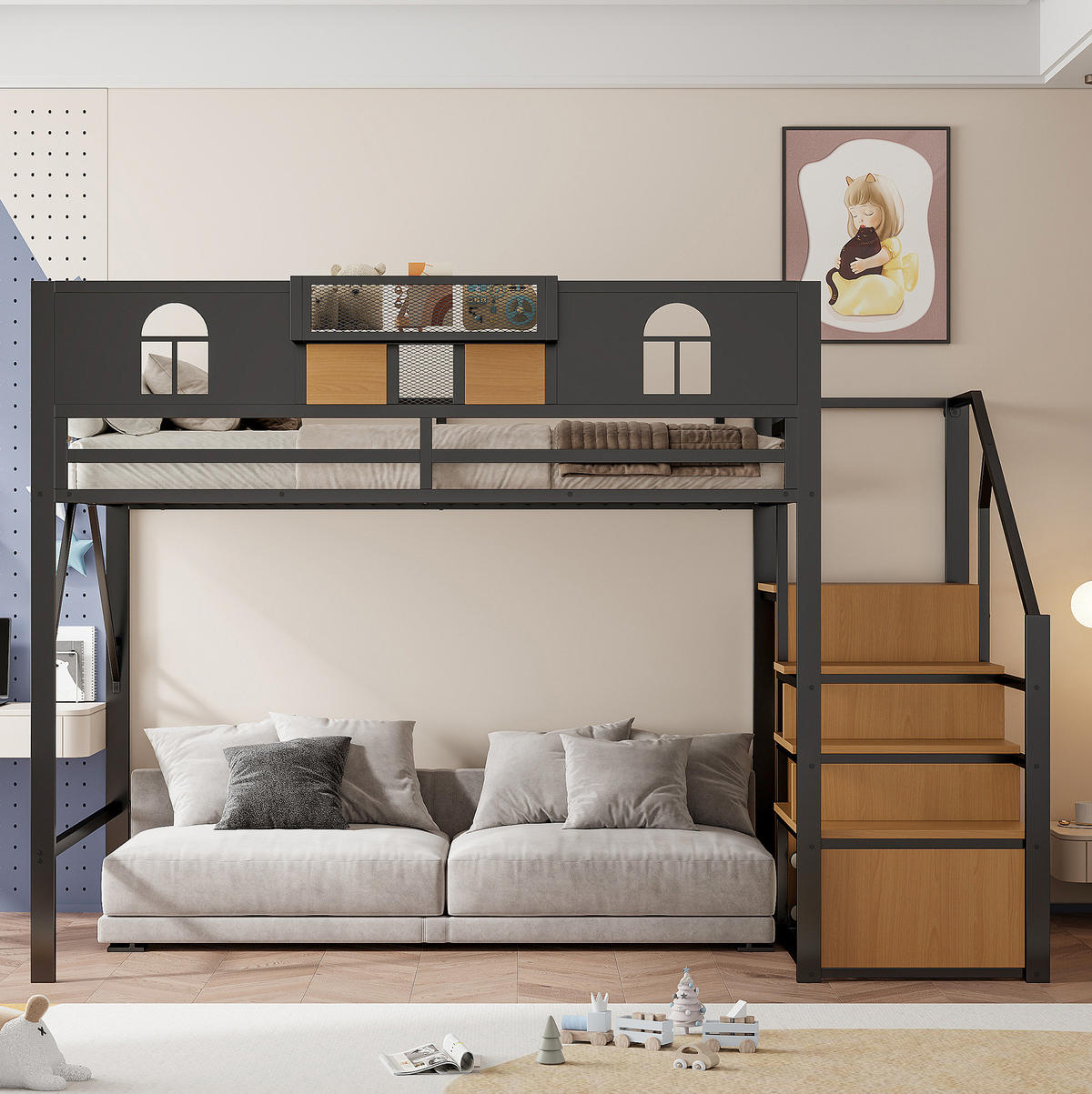 HOCHBETT 140/200 cm schwarz mit Stauraumleiter und Ablagefläche - Schwarz, Metall (140/200cm) - OKWISH