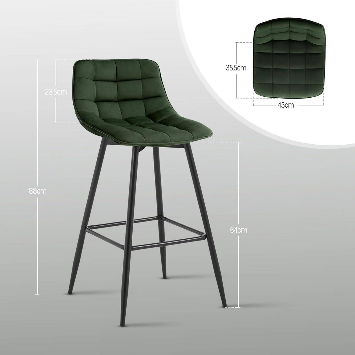 BARHOCKER 4er Set, Fußstütze, Samt, Dunkelgrün - Dunkelgrün/Schwarz, Textil/Metall (43/88/35.5cm) - Woltu