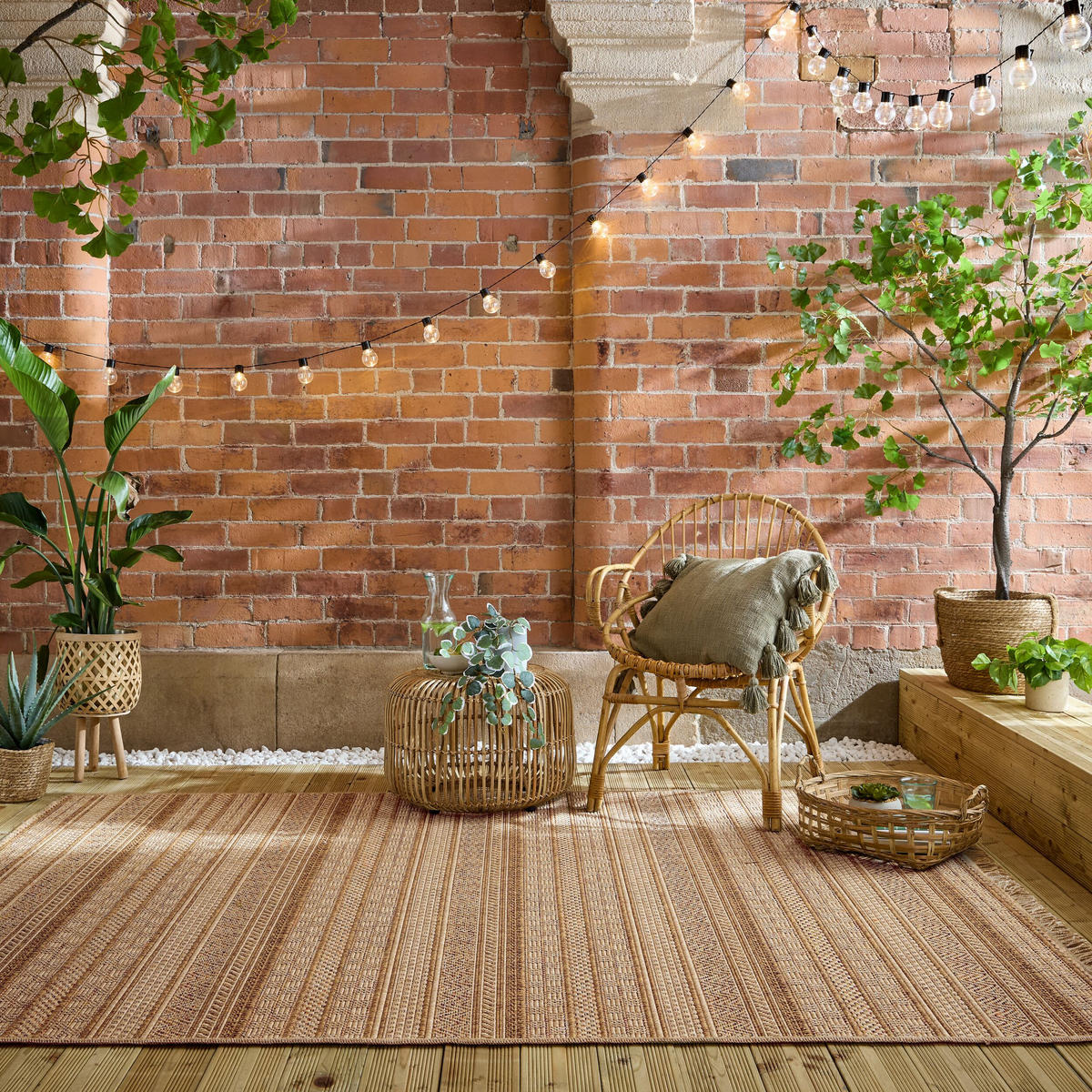 TEPPICH Outdoor Flachgewebe Boho Streifen Jute-Optik, Balkon schmutzabweisend Ocker Rechteckig 120x170 - Braun, Textil (120/170cm) - KADIMA DESIGN