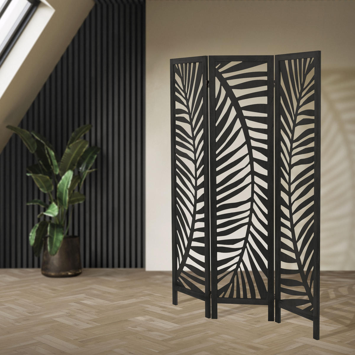 PARAVÁN, 3dílný, Fukuoka, 170 × 121 cm, černý, ze dřeva - černá, dřevo (121/170/2cm) - ML-DESIGN