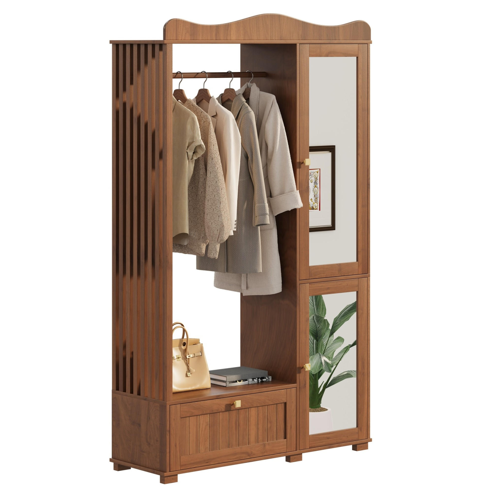 Redom ŠATNÍ skříň 115,5/38,5/194,5 cm se zrcadlem, otevřenou šatní tyčí, zásuvkou a úložným prostorem z MDF, Ořechová