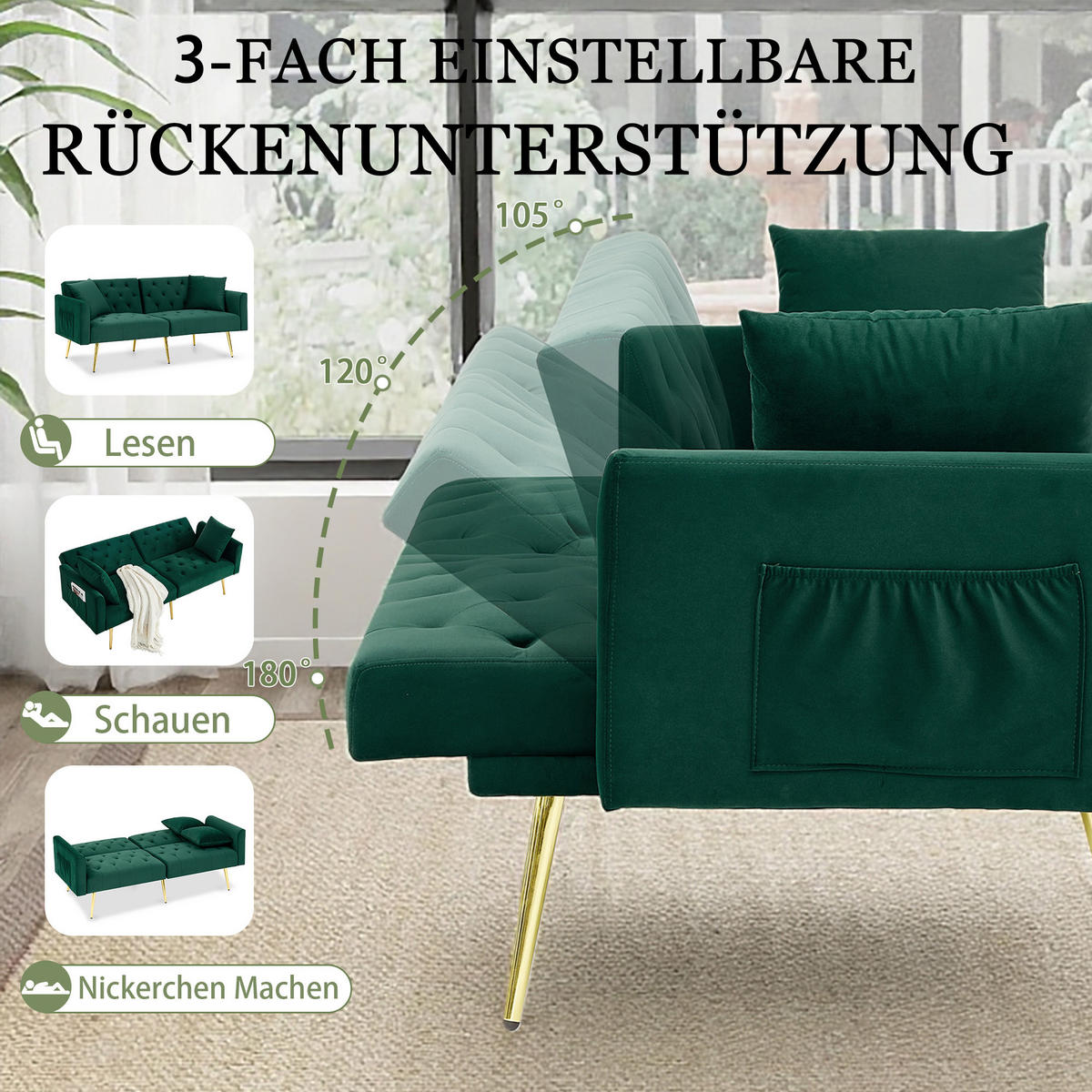 SCHLAFSOFA 177/78/74 cm in Green Samt mit Aufbewahrungstasche - Grün, Textil (78/74/177cm) - Oxeza