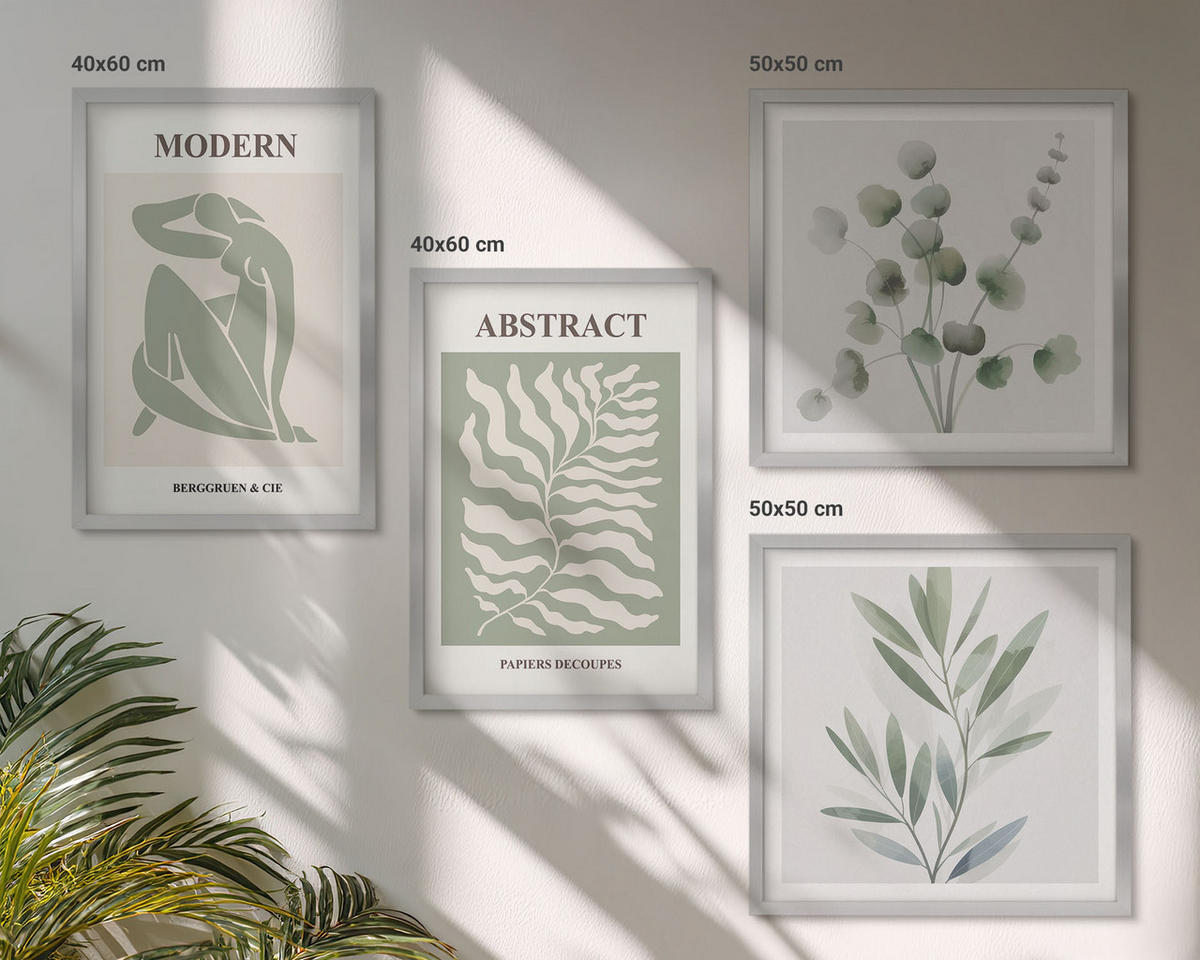BILDER SET 4er Set - 50x50 cm & 40x60 cm Silberner Rahmen - Matisse entwirft Boho-Pflanzen - Silberfarben, Kunststoff (50/50cm) - TULUP