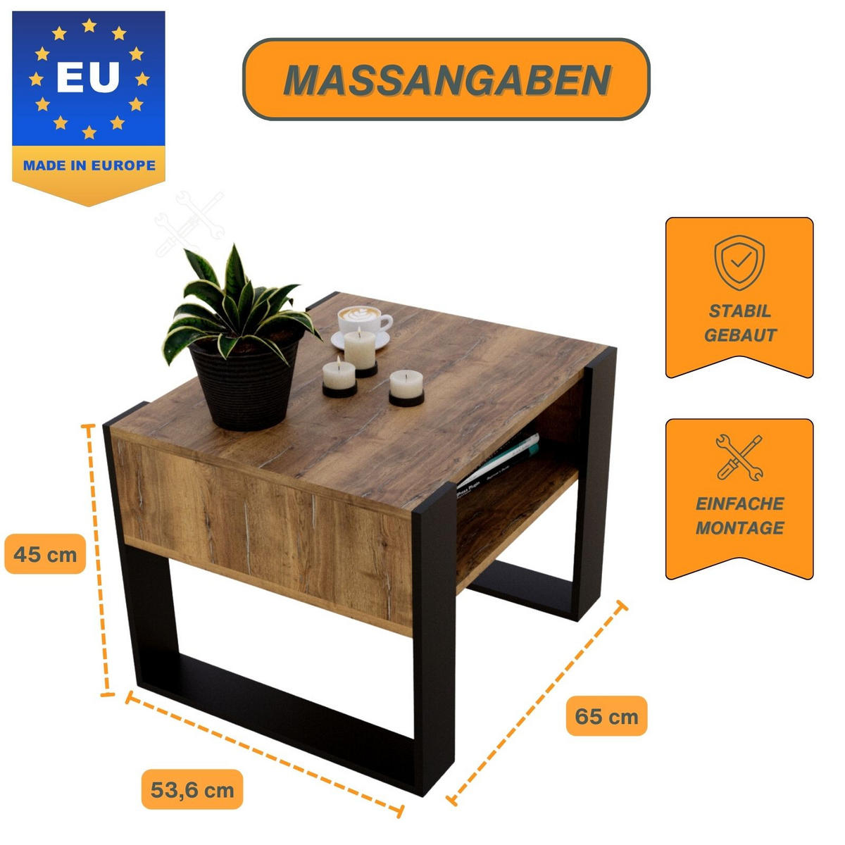 COUCHTISCH Karo65 65/45/53,6 - Schwarz/Braun, Holzwerkstoff (53/65/45cm) - RAUMHIRSCH FURNITURE