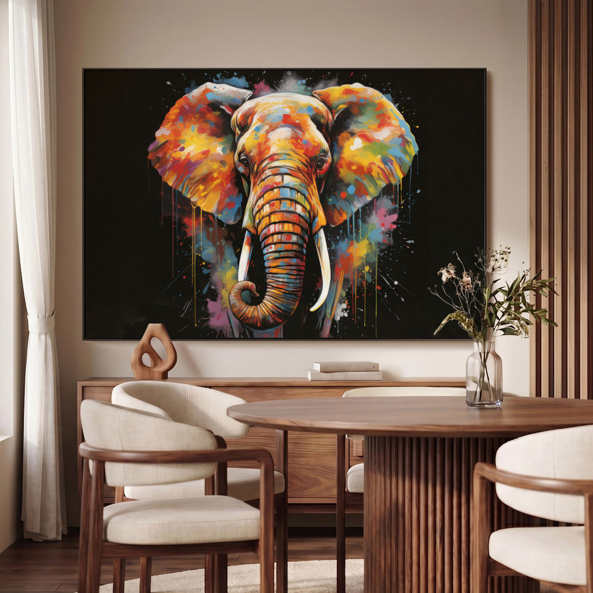 LEINWAND Bilder mit Rahmen - Elefant - Graffiti - Schwarz - Tiere - Farben - 140x90 - Schwarz, Textil (140/90cm) - MuchoWow