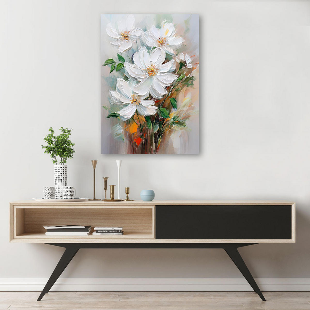 WANDBILD bemalte weiße blumen natur - Weiß, Textil (60/90cm) - Feeby