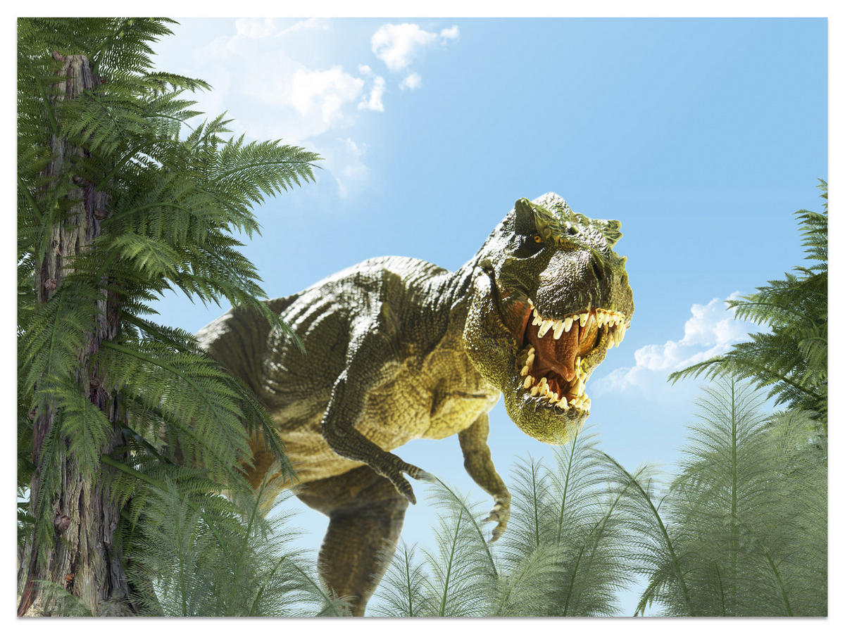 FOTOTAPETE für Jugendzimmer Riesen Dinosaurier Tropenwald Pflanzen 450x315 - Blau/Braun, Papier (450/315cm) - Muralo