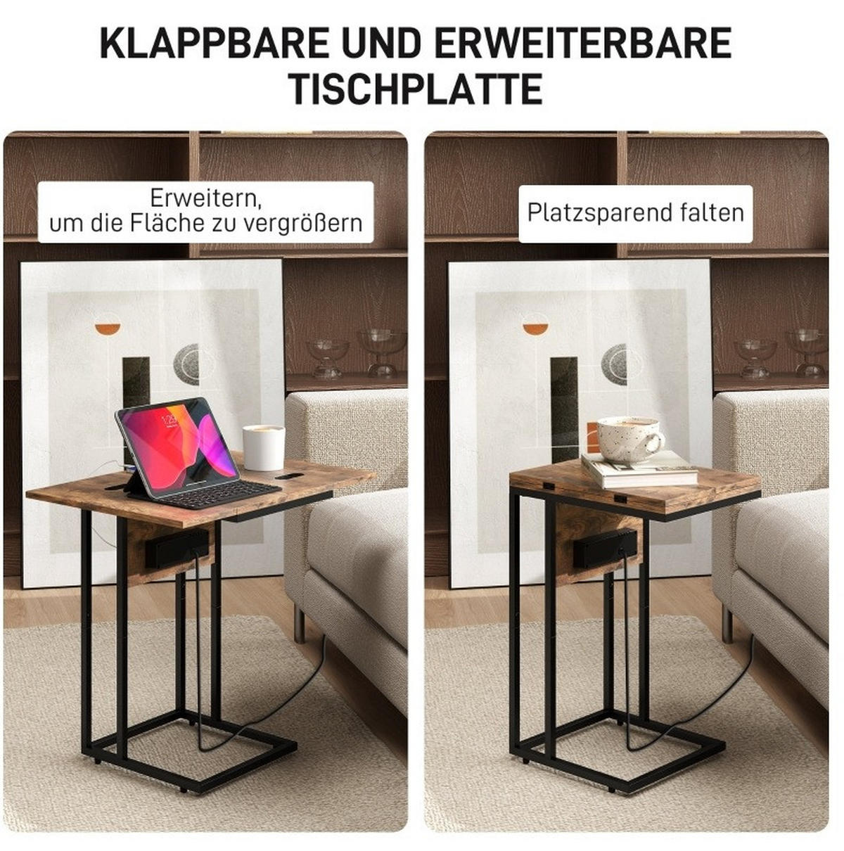 BEISTELLTISCH klappbar mit Ladestation 39 x 29/58 x 57 cm Braun Schwarz - Braun, Holz (39/29/57cm) - Meubliv